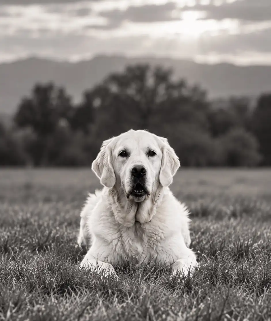 Yuki, golden retriever de Jordan Mathieu, couché dans l'herbe